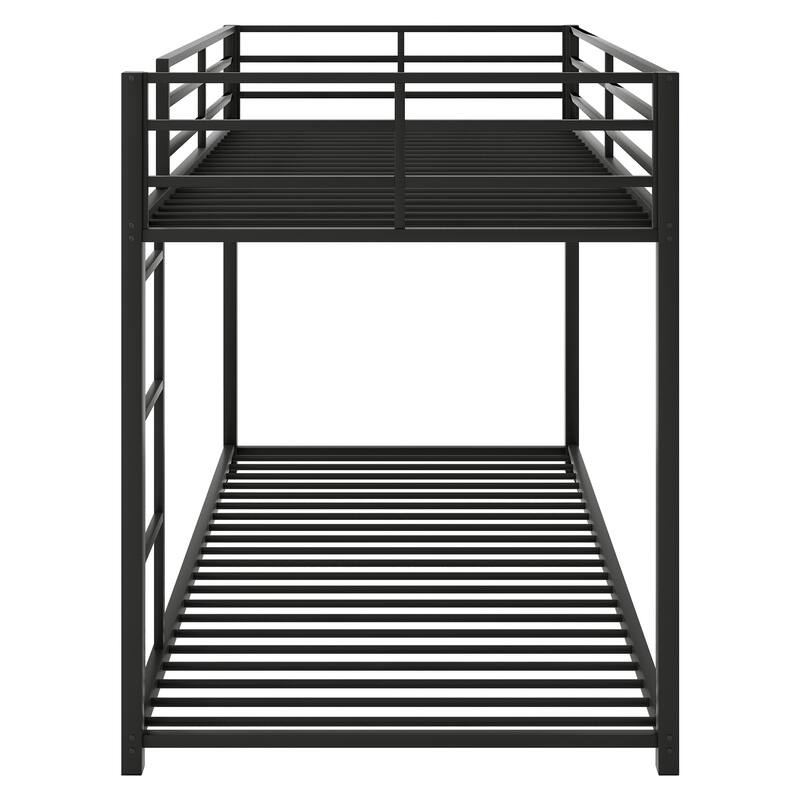 Twin/Full Size Metal Low Bunk Bed, Heavy Duty Steel Bunk Bed Frame with Built In Ladder and Guardrail