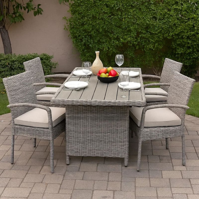 59 Inch Outdoor Aluminum Dining Table, Gray Faux Wicker Slatted Surface