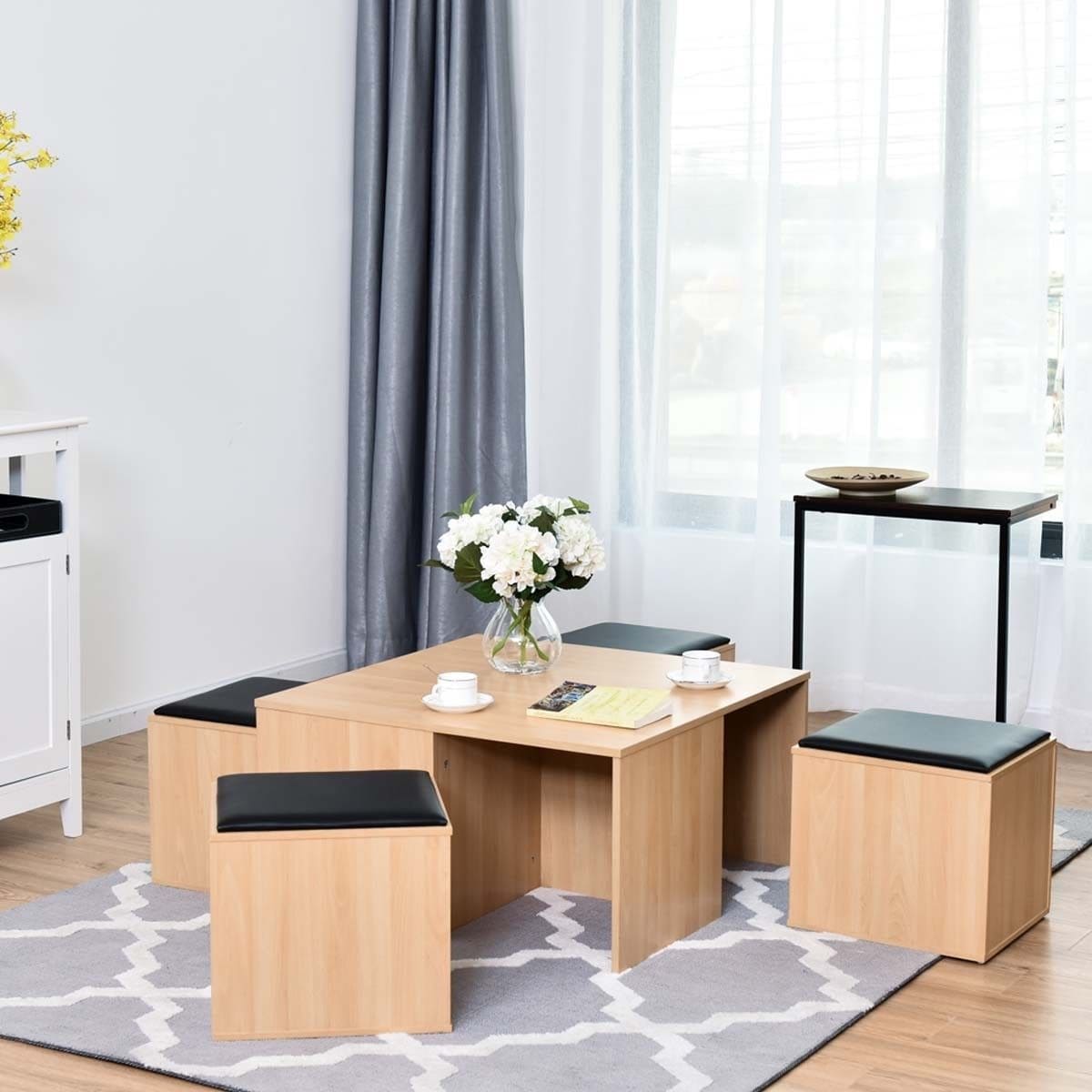 Costway 5 Pcs Wood Coffee Table Set Living Room 4 Storage Ottoman Stool Costway 5 Pcs Wood Coffee Table Set Living Room 4 Storage Ottoman Stool