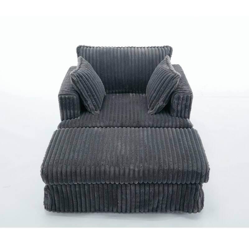 Deep Seat Sofa Chair & Ottoman Set, Corduroy Single Chaise Longue Reclining Couch with Thicked Upholstered, Pillows and Skirted