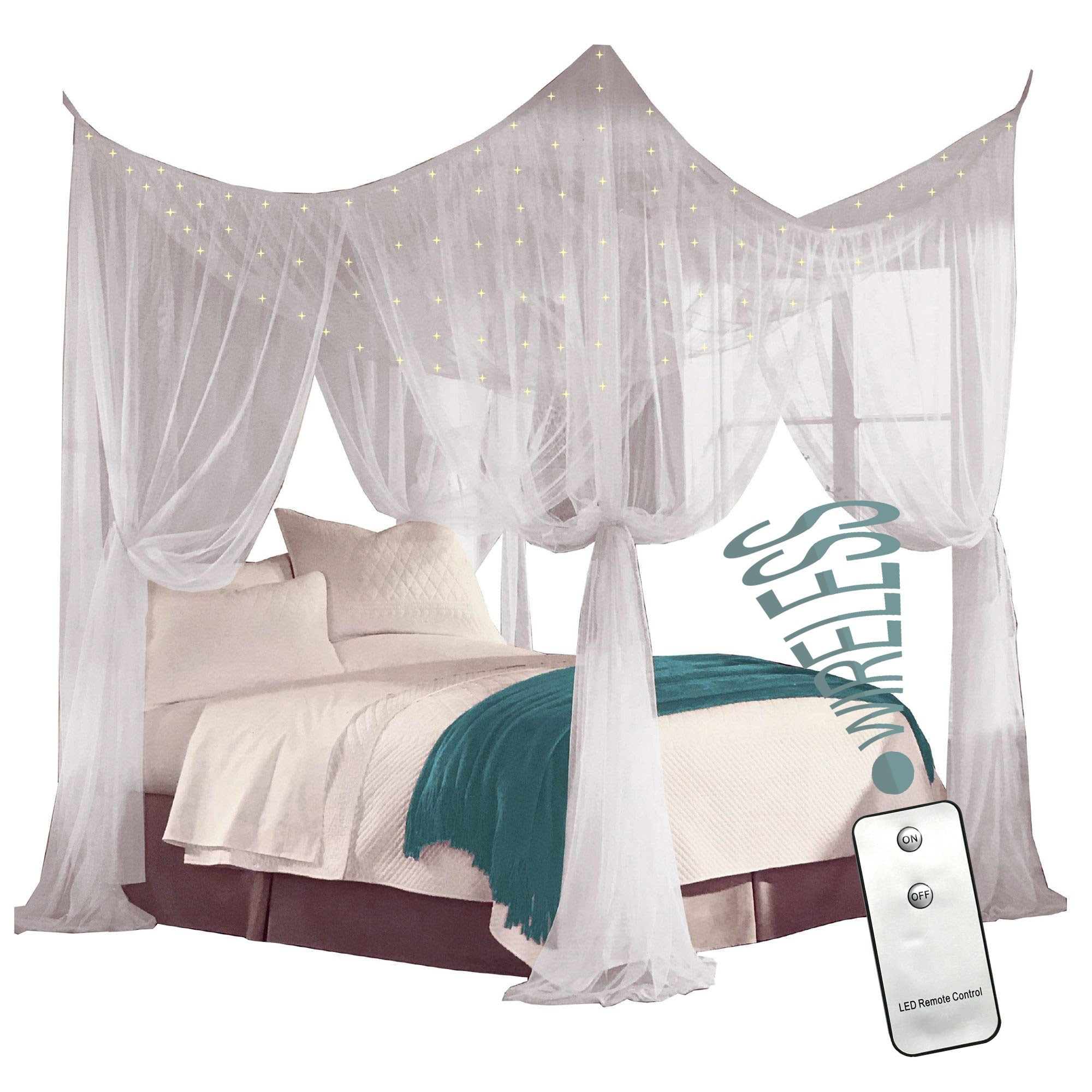 Just Relax Four Corner Post Bed Canopy Set With LED Lights and Remote White Full Queen King On Sale Bed Bath Beyond 37064647