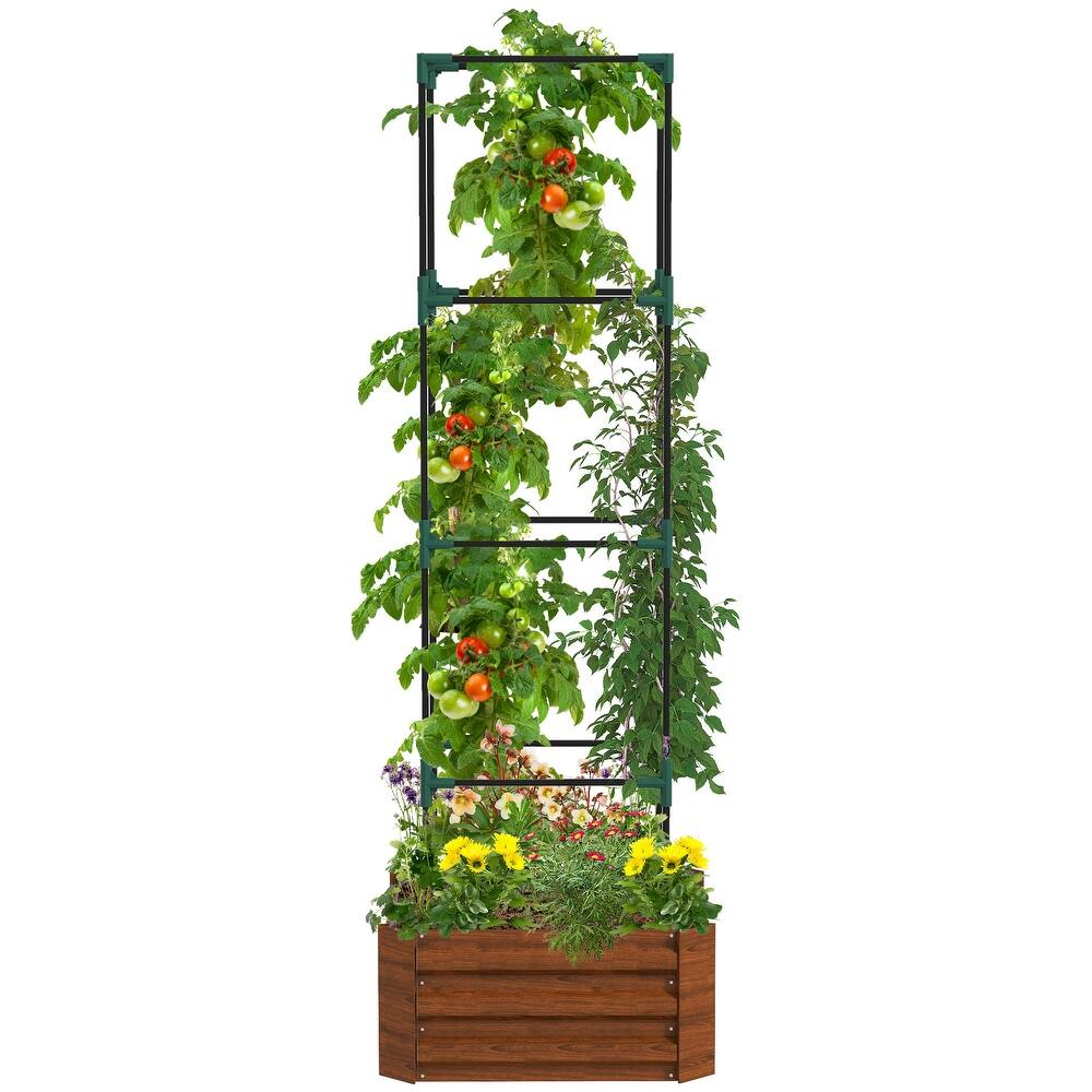 Galvanized Raised Garden Bed, 24" x 24" x 11.75" Outdoor Planter Box with Trellis Tomato Cage and Open Bottom for Climbing Vines