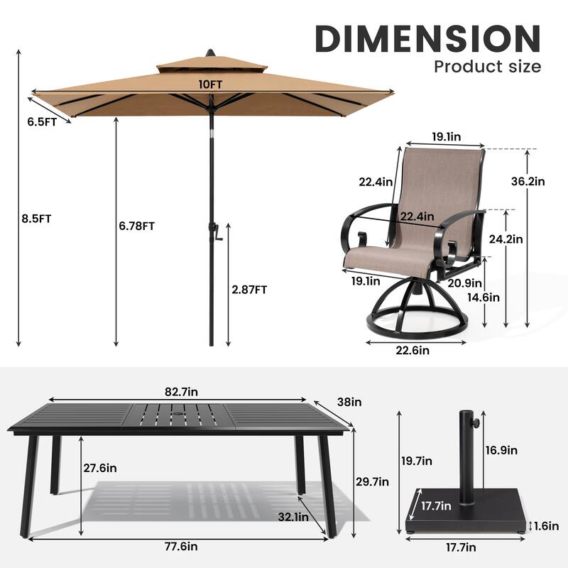 9-Piece Set Outdoor Aluminum Patio Dining Table and Swivel Sunbrella Dining Chairs with Umbrella and Base