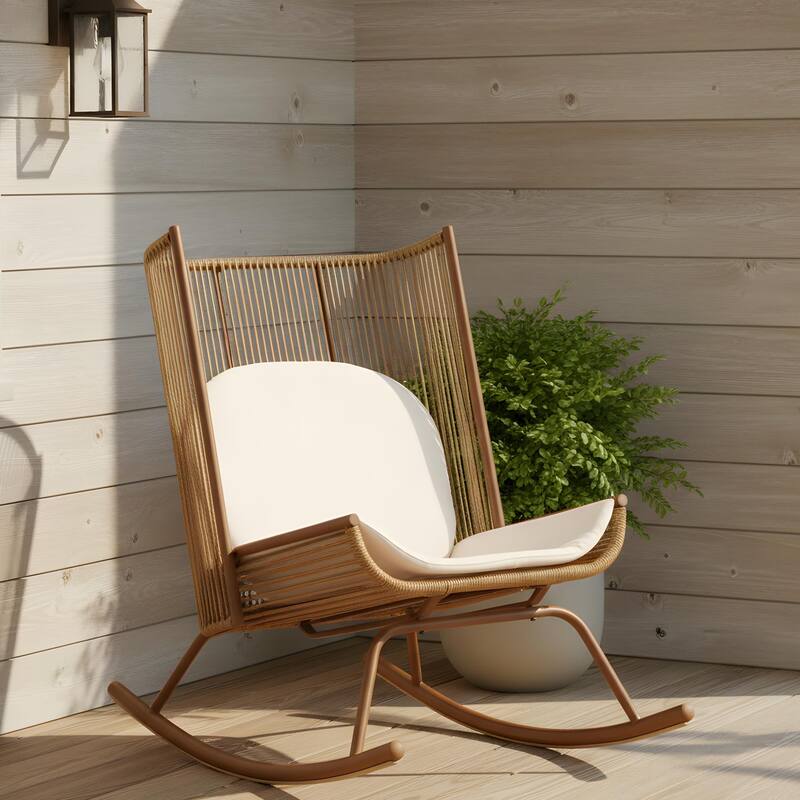 Christopher Knight Home - Outdoor Rocking Chair with PE Rattan and Wooden Side Table Set