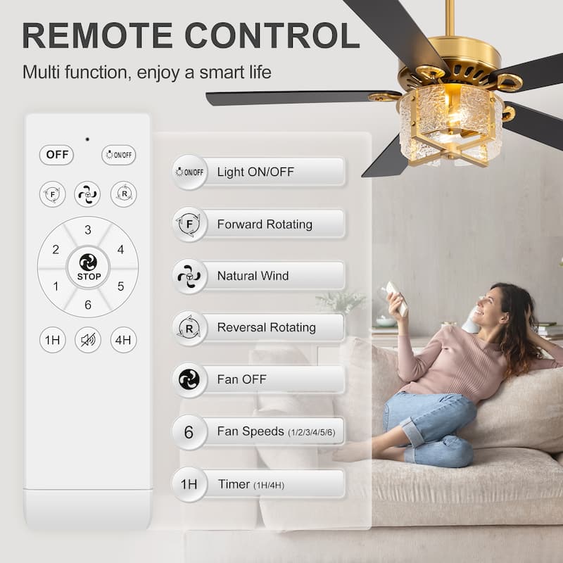 52" Reversible 5-Blade Caged Ceiling Fan with Light and Remote