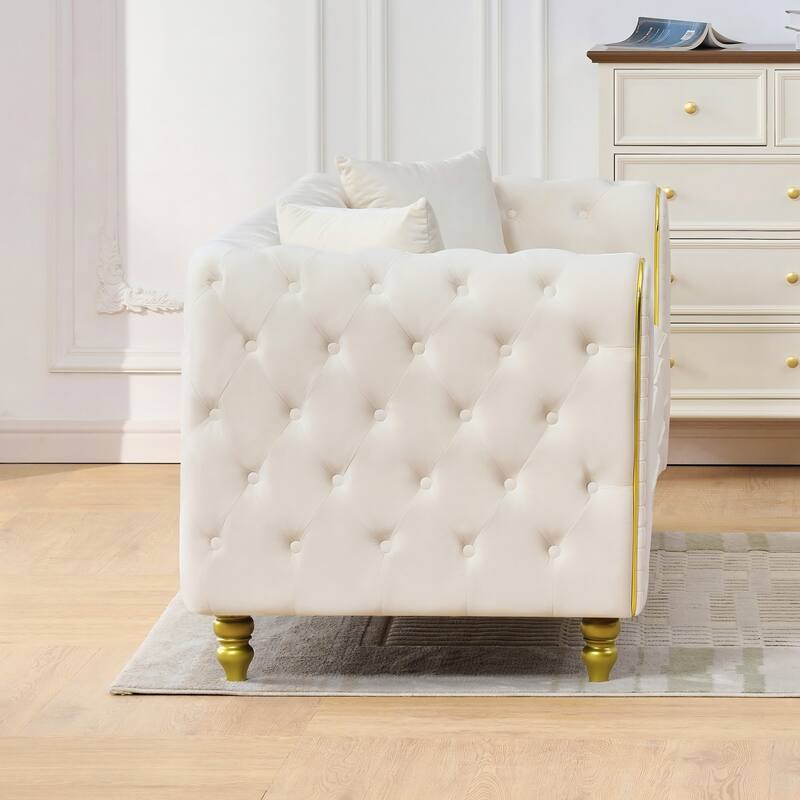 Roomfitters Two 86" Modern Upholstered Tuxedo Chesterfield Sofa Set with Gold Trim, Button Back 2-Piece Couch Set