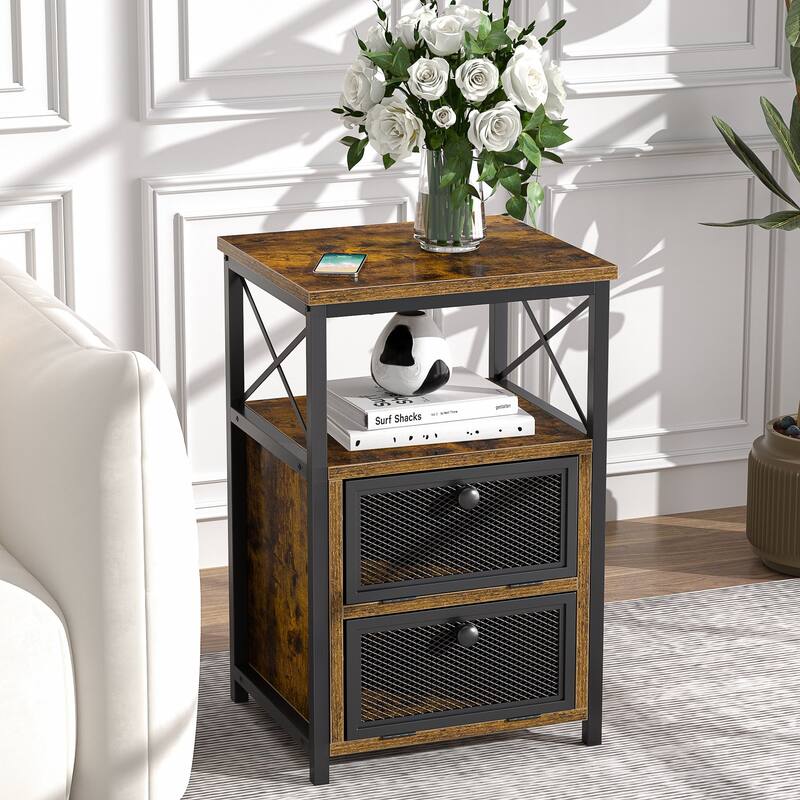 Javlergo Nightstand with 2 Drawers and Storage Shelf for Bedroom, Small Night Stands, Bed Side Table - Brown
