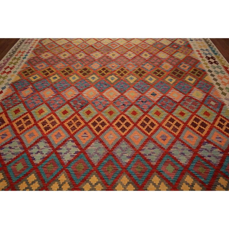 Trellis Geometric Kilim Oriental Large Rug Flatweave Wool Carpet - 10'4" x 16'0"