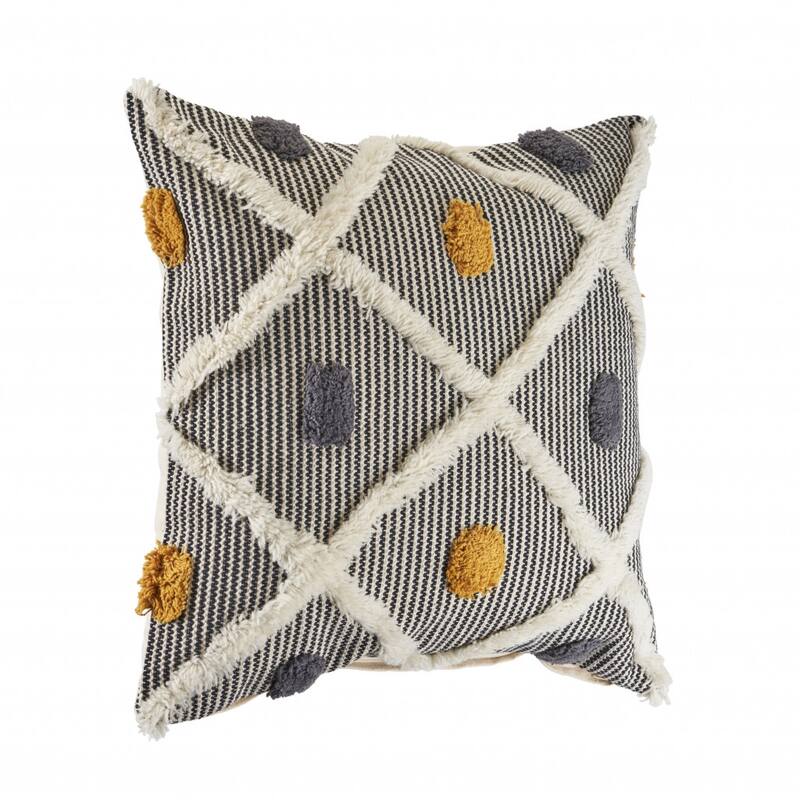 HomeRoots 20" Gray Ivory and Yellow Striped Cotton Throw Pillow With Texture