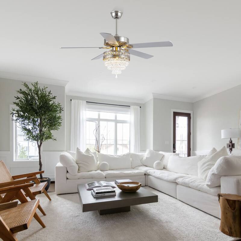 52 Inches Crystal Ceiling Fan Light,Chandelier,APP and Remote Control,5 Dual Side Plywood Blades,Reversible AC Motor - 52 Inches