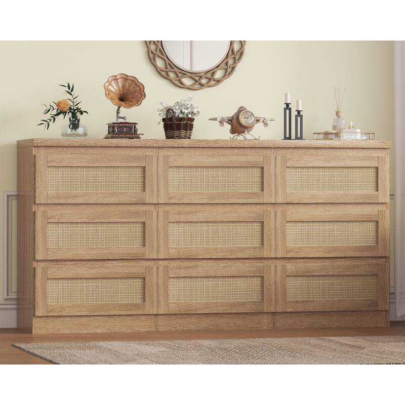 Farmhouse 9-Drawer Dresser with Rattan Accents and Built-In Charging Station, Wooden Storage Cabinet - Natural