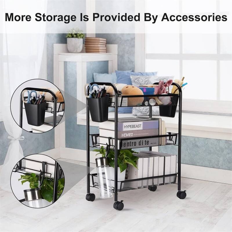 3 Tier All-Metal Rolling Utility Cart - 17.5"D x 10.5"W x 25"H