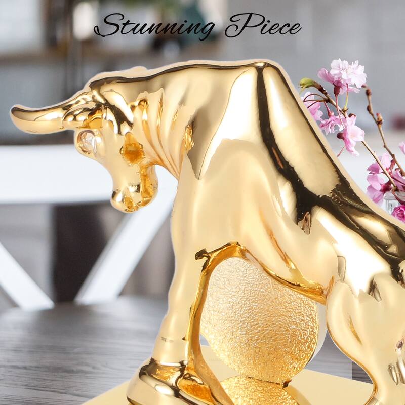 Matashi 24K Gold Plated Crystal Studded Ox/Bull Figurine with Coin Ornament