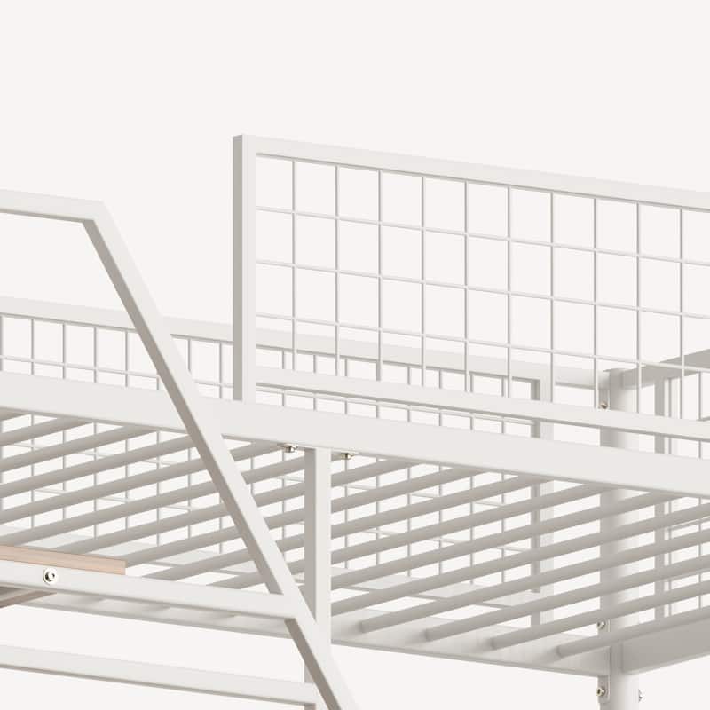 Twin Size Loft Bed with Built-in Charging Station & LED Lighting, Heavy-Duty Metal Loft Bed Frame with Desk & Safety Guardrails