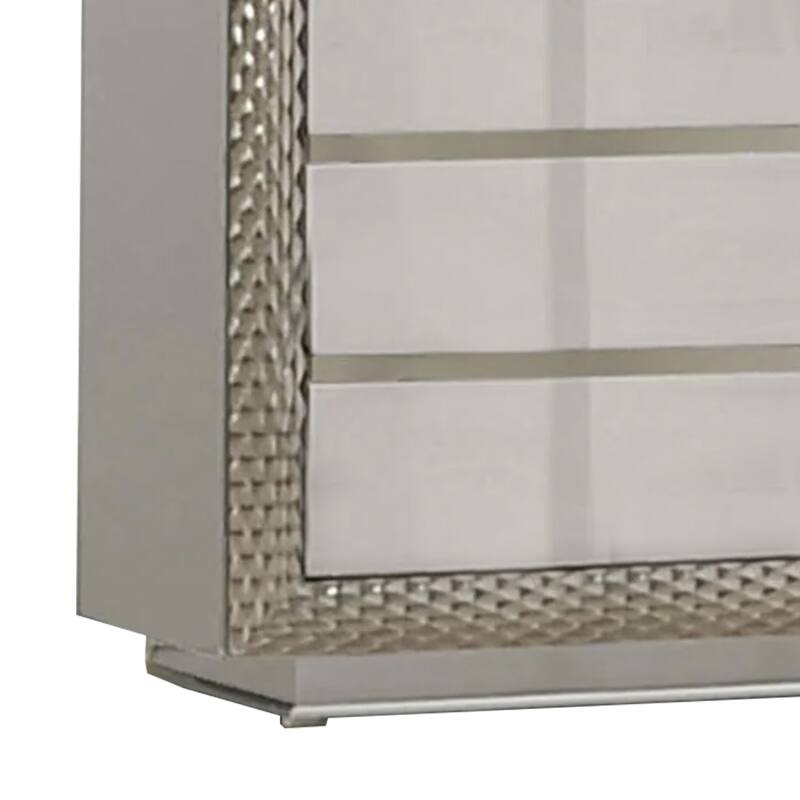 Vino 5 Drawer Tall Dresser Chest, Plinth Base Gray Wood with Silver Trim