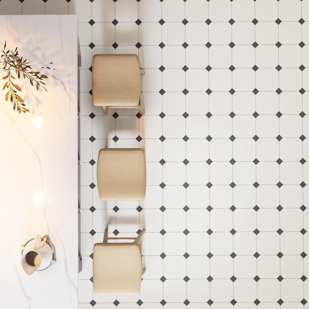 Merola Tile Vaudeville Octagon Nacar with Taco Antracita 7-7/8" x 7-7/8" Porcelain Floor and Wall Tile