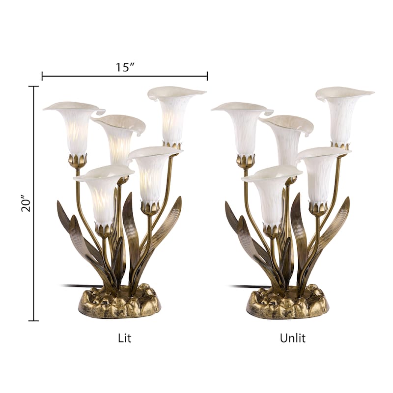 20-inch Antique Brass and Hand Blown Glass 5 Calla Lily Uplight Accent Lamp - 15" x 14" x 20"