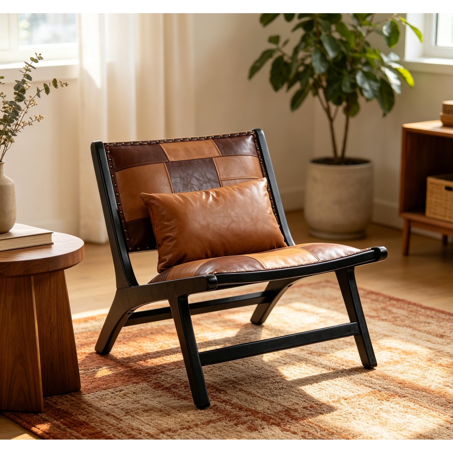 Patchwork Leather Accent Chair, Mid-Century Lounge Chair with Black Wood Frame