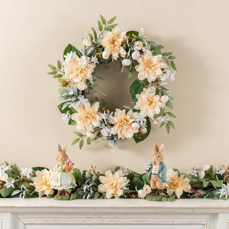Glitzhome 24"D Artificial Floral Wreath with Peach Dahlia, Blue Peony & Hydrangea or Pink Hydrangea, Peony & Cherry - Peach Dahlia