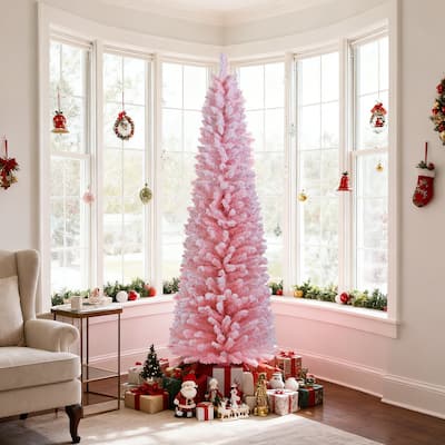 Gymax 6 FT Pink Artificial Christmas Tree Slim Pencil Xmas Tree w/ 328
