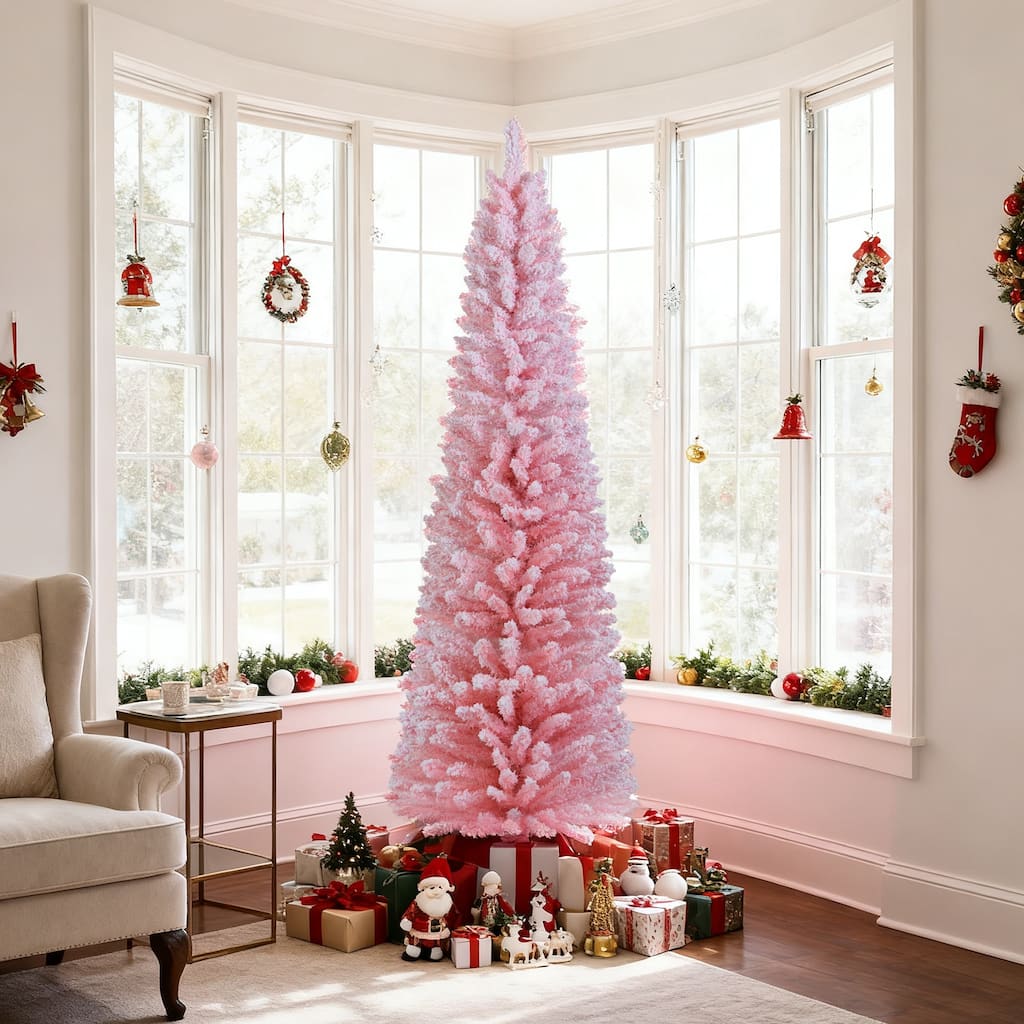 Gymax 6 FT Pink Artificial Christmas Tree Slim Pencil Xmas Tree w/ 328
