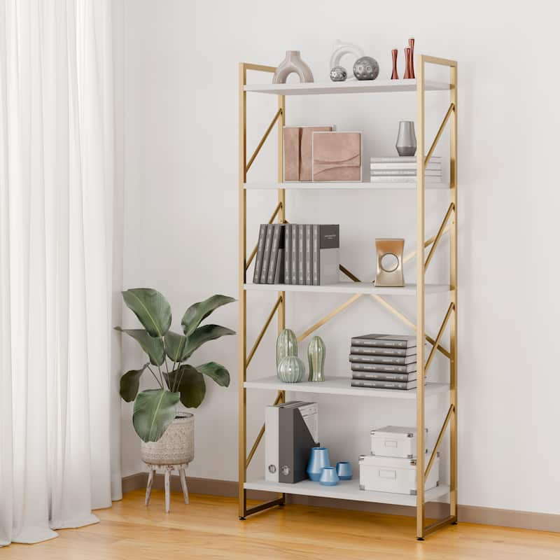 5-Tier Wood Storage Bookshelf with Anti-tipping & Drawers - Gold/White