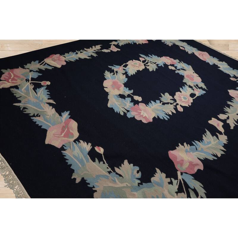 8'9''x12 Hand Woven Wool Navy Kilim Traditional Area Rug - 8' 9'' x 12'