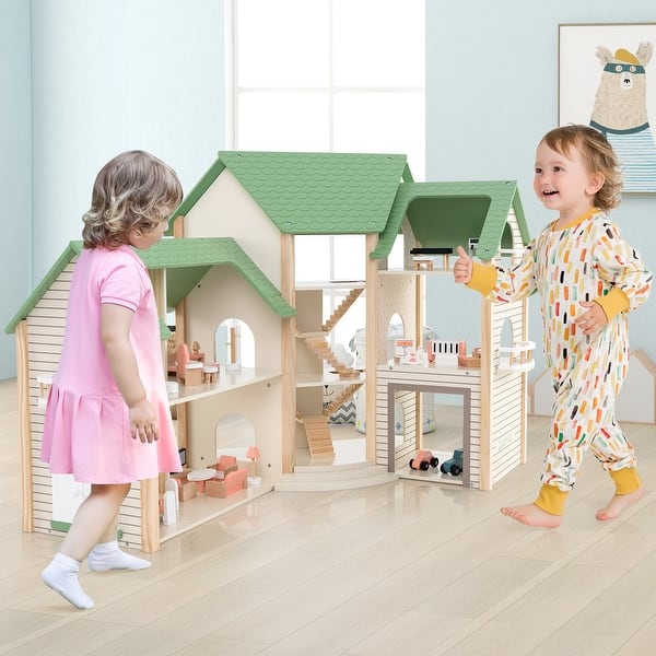 slide 2 of 10, Wooden Corner Dollhouse Playset with 6 Rooms and 36 Pieces for Kids 3+ Years Old - 34" x 14.5" x 32.5" (L x W x H) Green