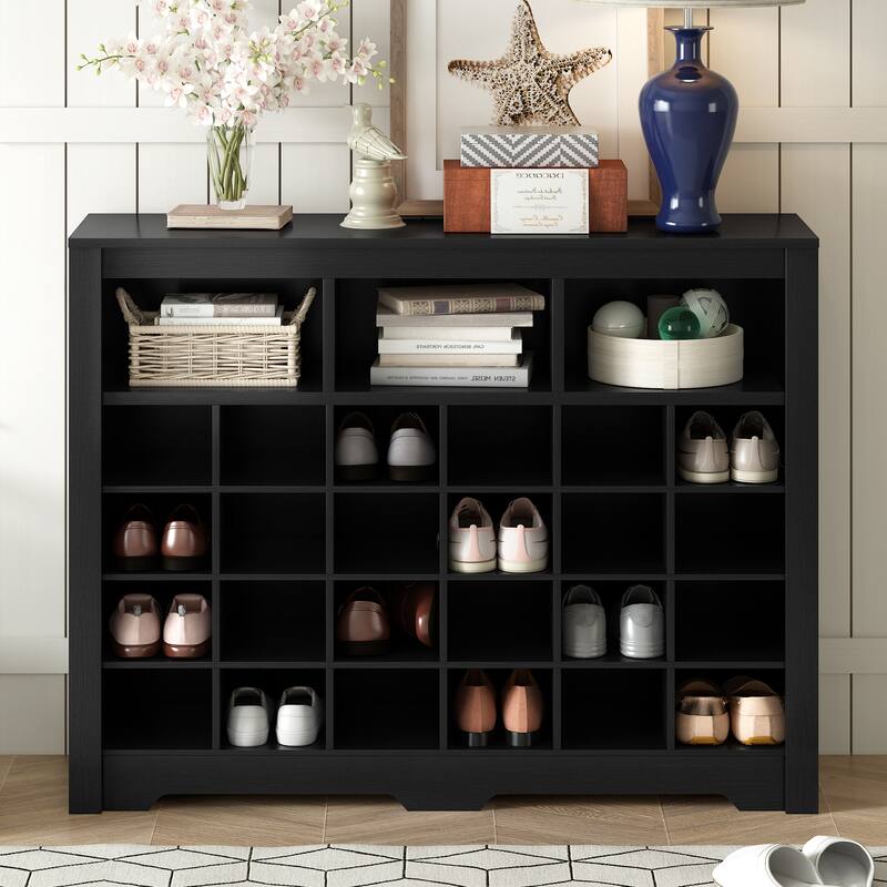 Contemporary Shoe Cabinet with 24 Cubbies & Extra Storage for Hallway or Bedroom - Black
