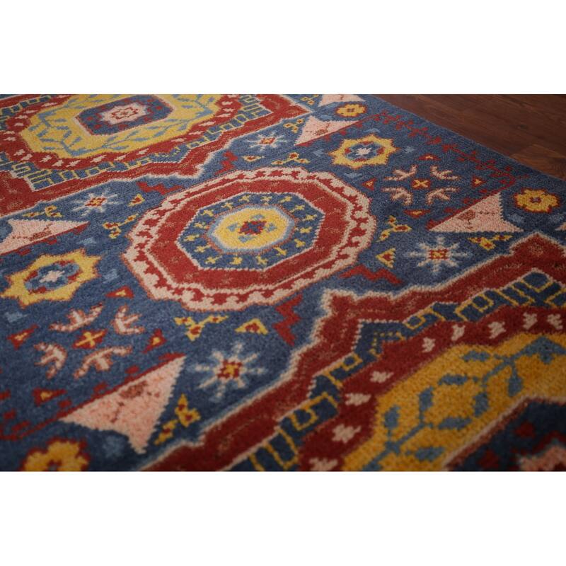 Blue Geometric Kazak Oriental Runner Rug Hand-Knotted Wool Carpet - 2'7"x 8'0"