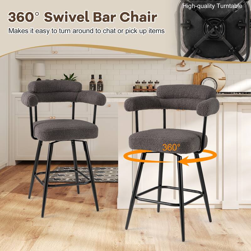 Set of 2 Counter Height Plush Boucle Fabric Bar Stools with Swivel Seat for Kitchen or Cafe - 25" x 21" x 39.5"