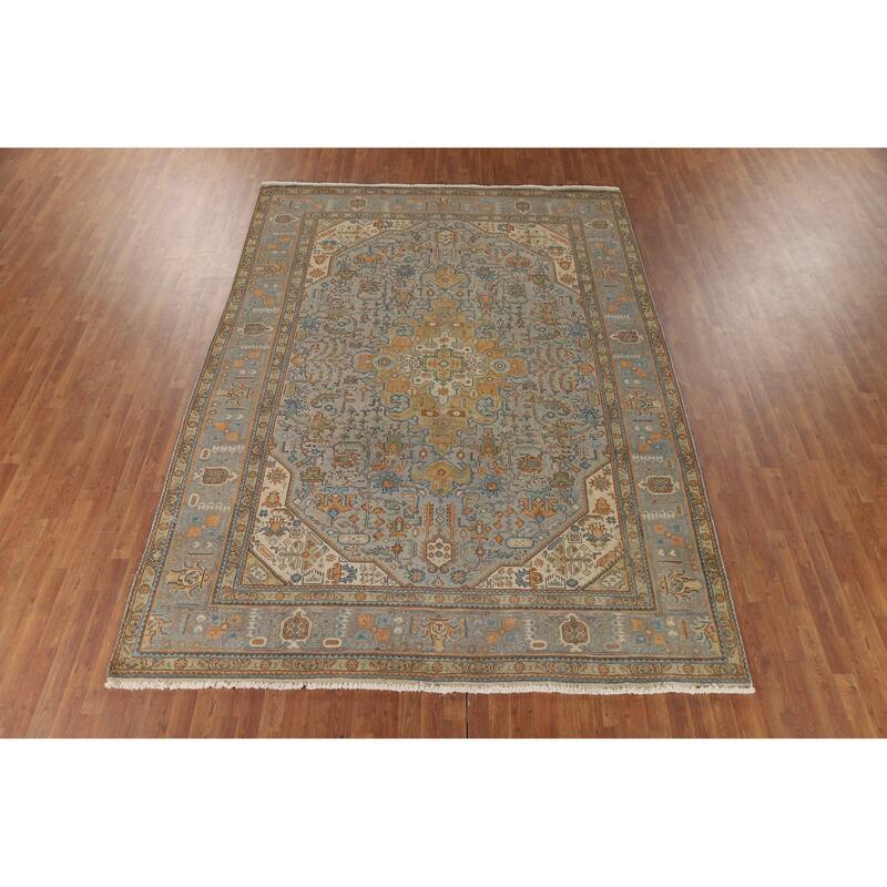 Grey Geometric Tabriz Vintage Persian Area Rug Handmade Wool Carpet - 8'1" x 11'3"