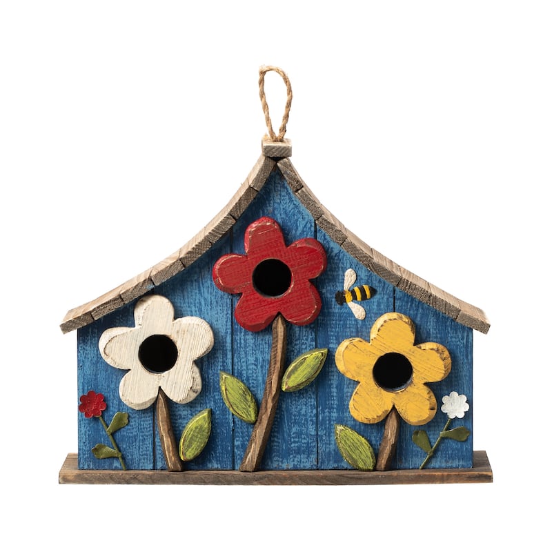 Glitzhome 10.5"H Distressed Solid Wood Birdhouse with 3D Flowers - 10.5" - Multi