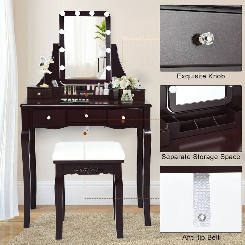 Gymax Vanity Dressing Table Set w/Removable Box &10 Dimmable Bulbs