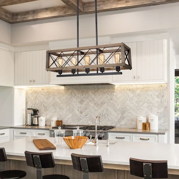 slide 2 of 17, Cobert Farmhouse Linear Wood Island Chandelier Kitchen Hanging Lights L31.45"*W10"*H 10" - 5-light - L 31.45" x W10" x H 10"