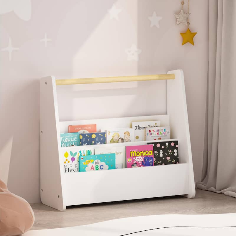 Kids Bookshelf with Wooden Handle, 2-Tier Front-Facing Toddler Bookcase, Portable Children's Book Storage Organizer for Bedroom