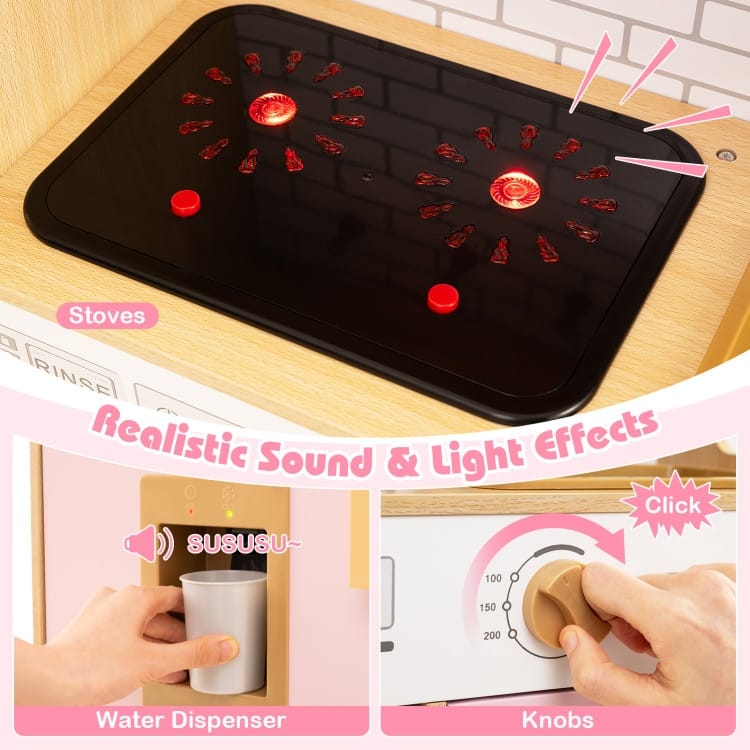 MDF Rattan Kids Play Kitchen with Lights, Sounds and Accessories - 33" × 10" × 31.5"