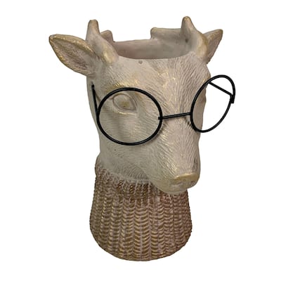 Bespectacled Deer Cement Vase 8.7" Gold Accents Knit Scarf Real Wire