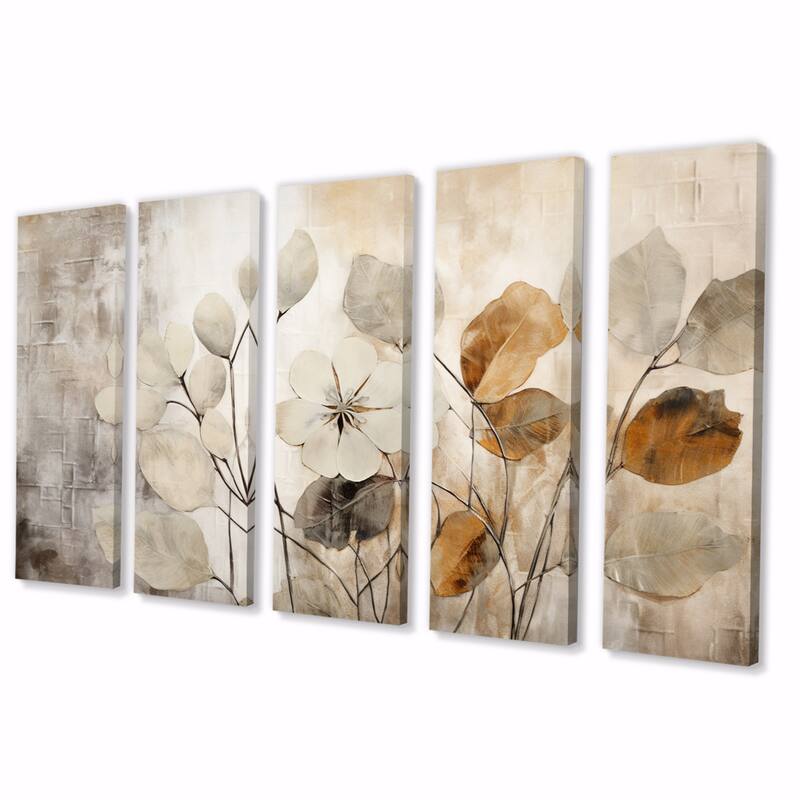 Designart "Beige Botanical Impressions III" Abstract Botanicals Multipanel Canvas Art Print set