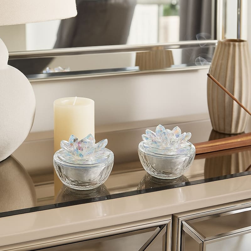 Decorative Round Glass Box with Lotus Top - Set of 2, 4" - 4.02" - Rainbow