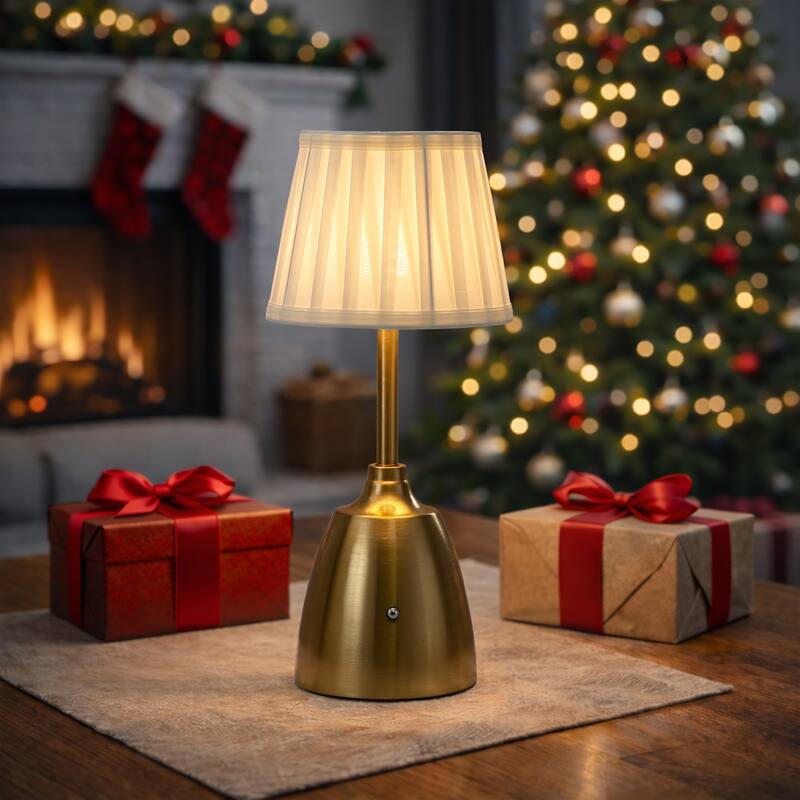 Classic Rechargeable LED Table Lamp with Fabric Shade Touch Control USB Cordless Nightstand Light for Nightstand Room - W6.3‘’ - Antique Brass