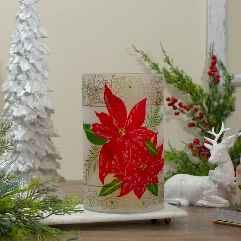 10" Red Poinsettias Gold Flameless Glass Christmas Candle Holder