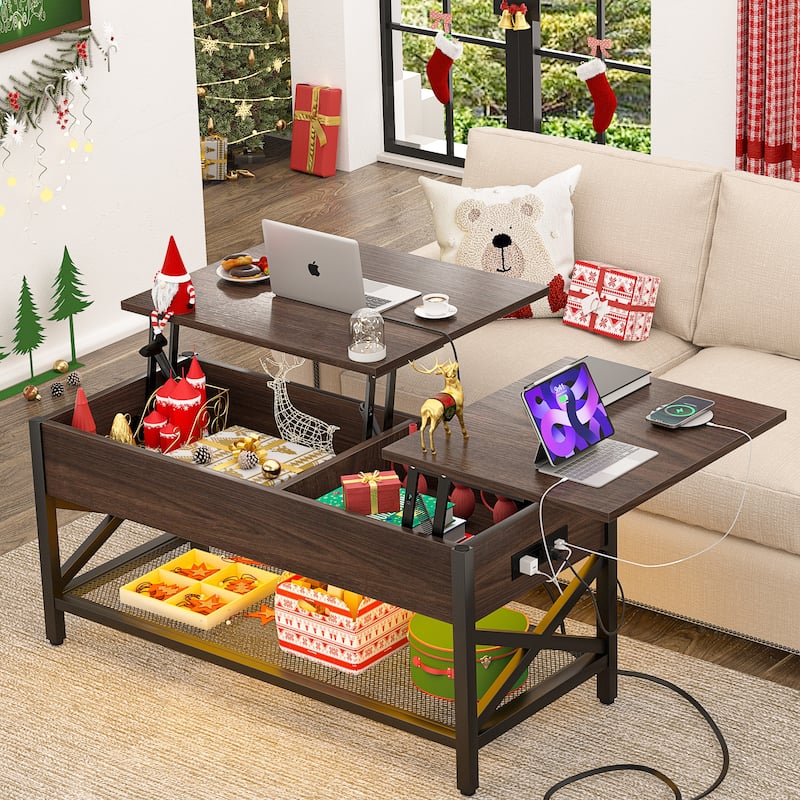 Modern Farmhouse Lift Top Coffee Table with USB Port and LED light, Living Room Accent Table