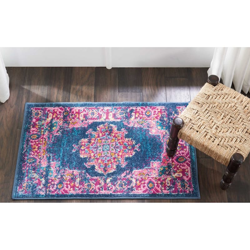 Porch & Den Dobbin Vintage Persian Medallion Farmhouse Area Rug - 1'10" x 2'10" - Blue/Pink