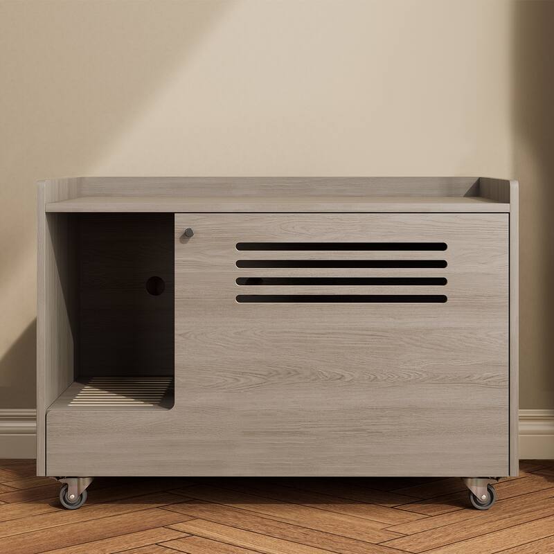 Cat Litter Box Enclosure,Hidden Litter Box Furniture with top side fence,Wooden Pet House Side End Table,Storage Cabinet Bench - Grey