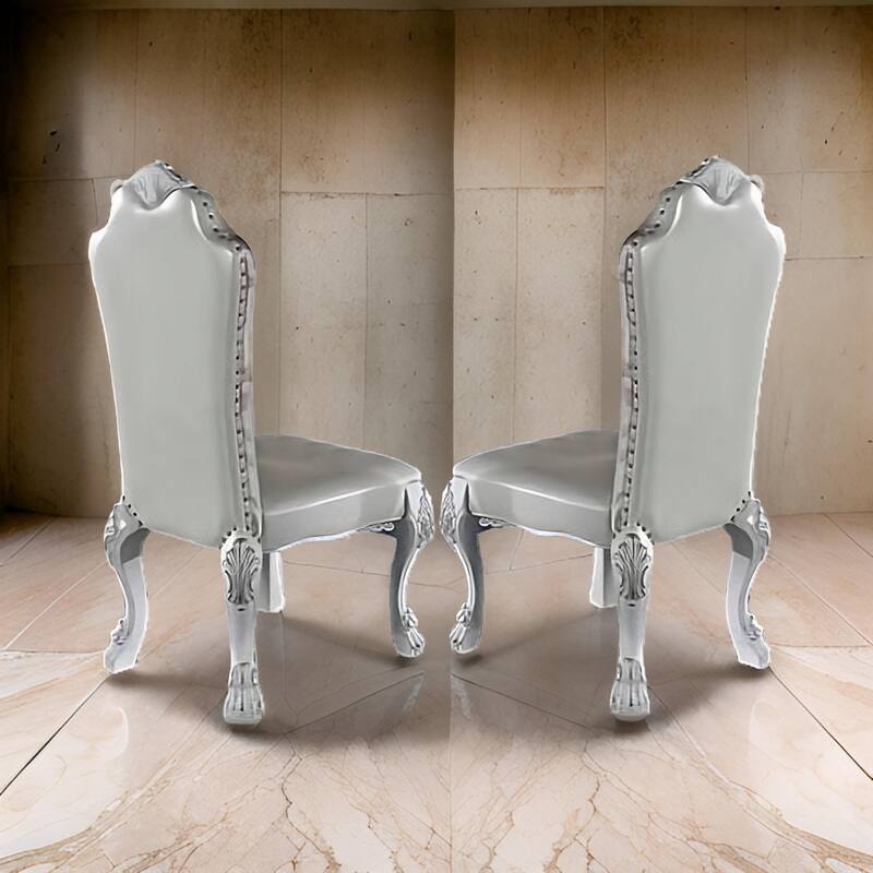 Ally 25 Inch Side Chair Set of 2, Curved Top, Carved Scrolled Motifs, White