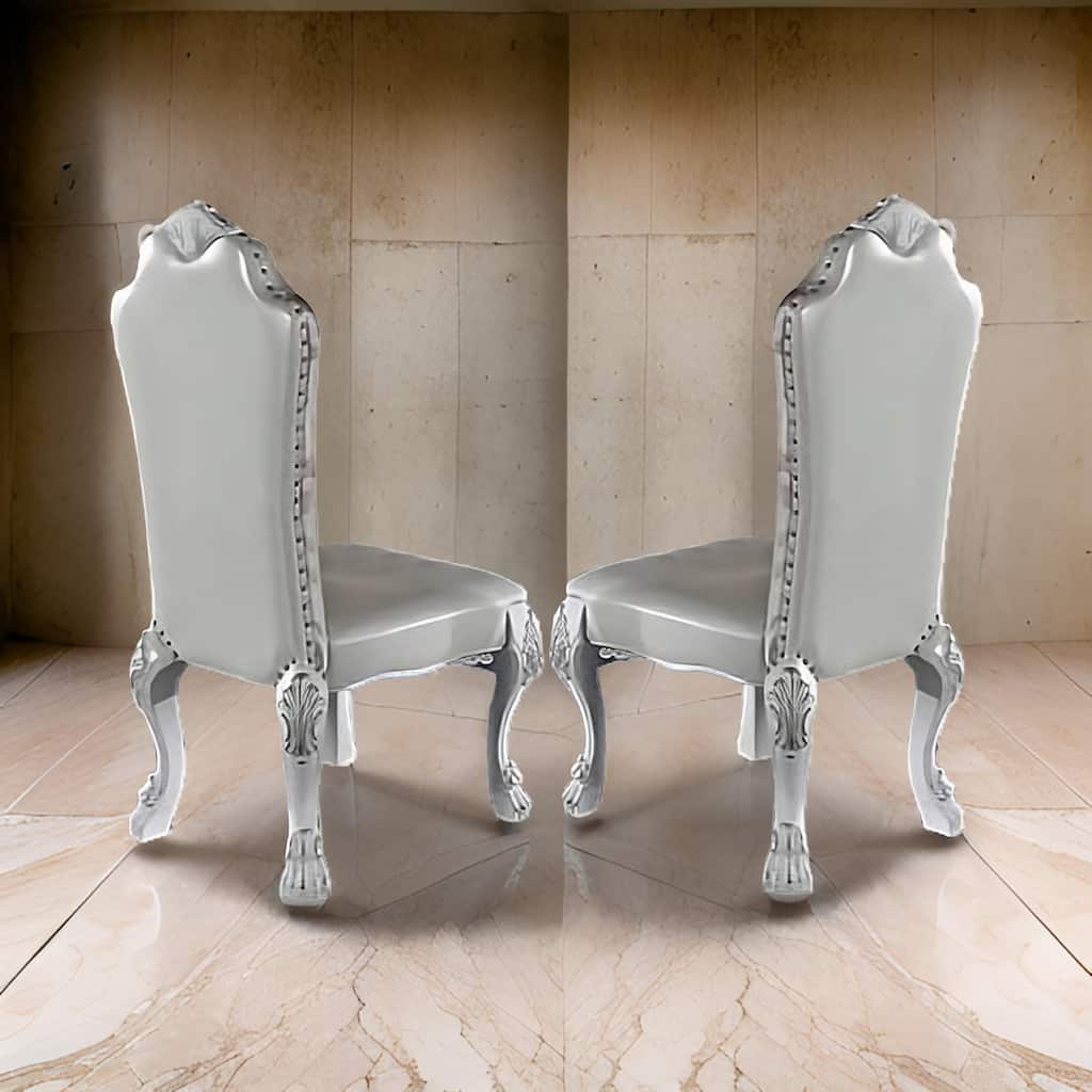 Ally 25 Inch Side Chair Set of 2, Curved Top, Carved Scrolled Motifs, White