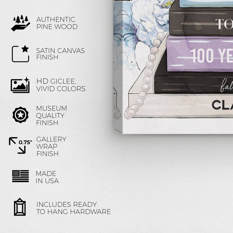 Wynwood Studio Fashion and Glam Lavender Blue Books and Heels Pastel Purple Modern & Contemporary Wall Art Canvas Print