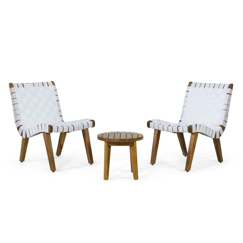 3 Piece Teak White Acacia Wood Outdoor Chat Set with Rope Weave Chairs and Table - Chair Dimension: 20.25"W x 28"D x 29.75"H - Teak-White