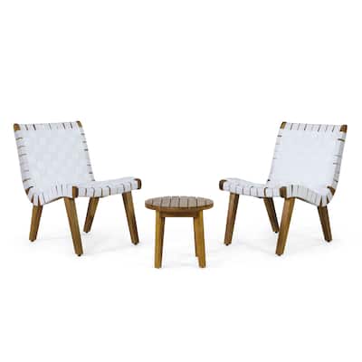 3 Piece Teak White Acacia Wood Outdoor Chat Set with Rope Weave Chairs and Table - Chair Dimension: 20.25"W x 28"D x 29.75"H